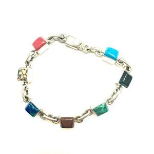 Taxco Art Deco 7 in TS-119 Hand Hammered Multistone Bracelet 925 Sterling Silver